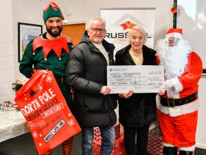 Andrew and Liz Omahoney from Winshill Neighbourhood Resource Centre in the middle receiving cheque from Russell Roof Tiles 002