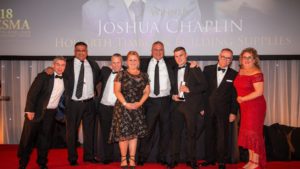 Howarth Timbers Joshua Chaplin third from right is named Rising Star of the Year at the 2018 BESMA ceremony